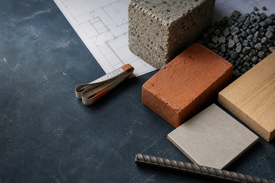 Concrete, gravel, brick, tile, timber and rebar arranged beside a construction plan.